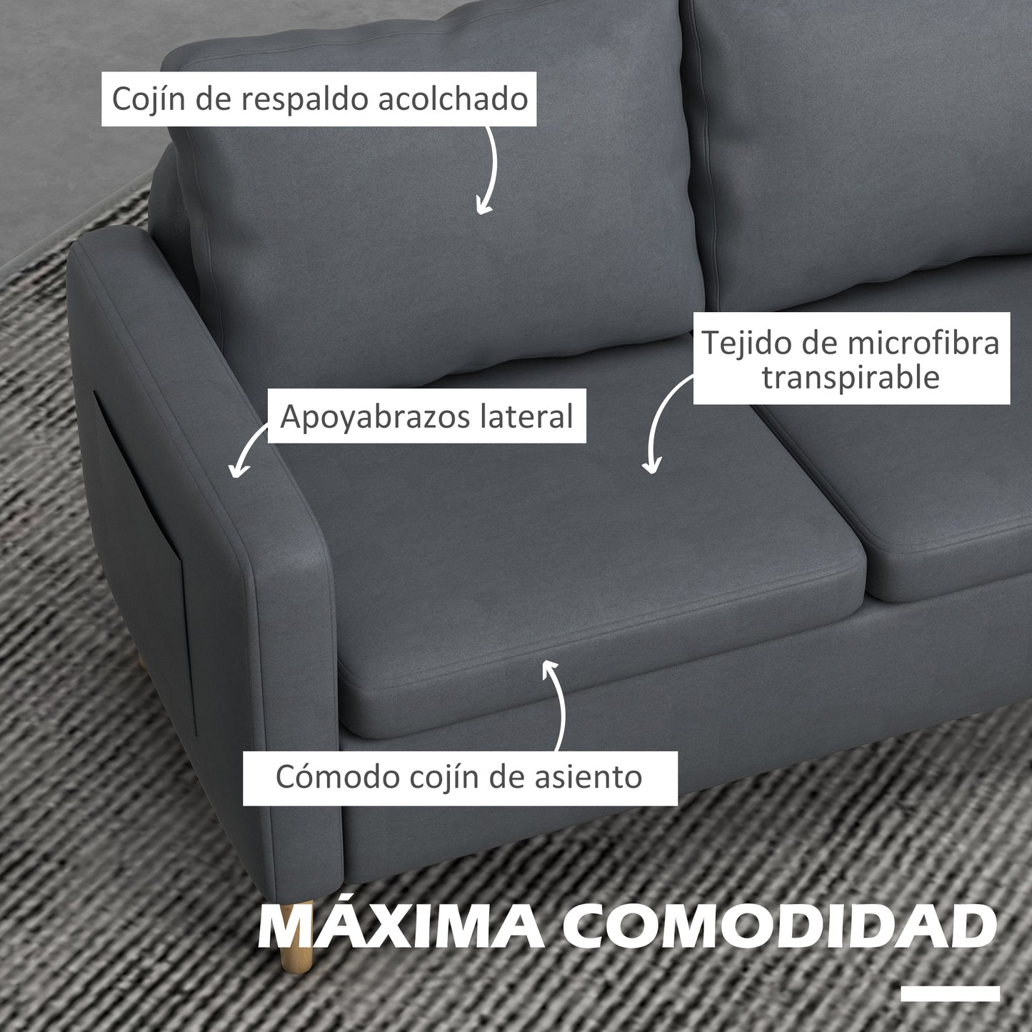 HOMCOM Conjunto de Sofá Incluye 1 Sofá de 2 Plazas y 1 Butaca de Salón con Bolsillos Laterales Reposabrazos y Patas de Madera para Dormitorio Oficina Gris