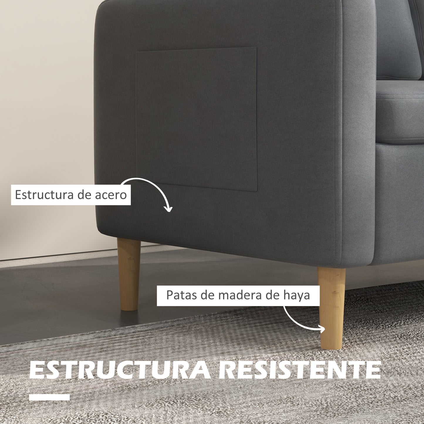 HOMCOM Conjunto de Sofá Incluye 1 Sofá de 2 Plazas y 1 Butaca de Salón con Bolsillos Laterales Reposabrazos y Patas de Madera para Dormitorio Oficina Gris