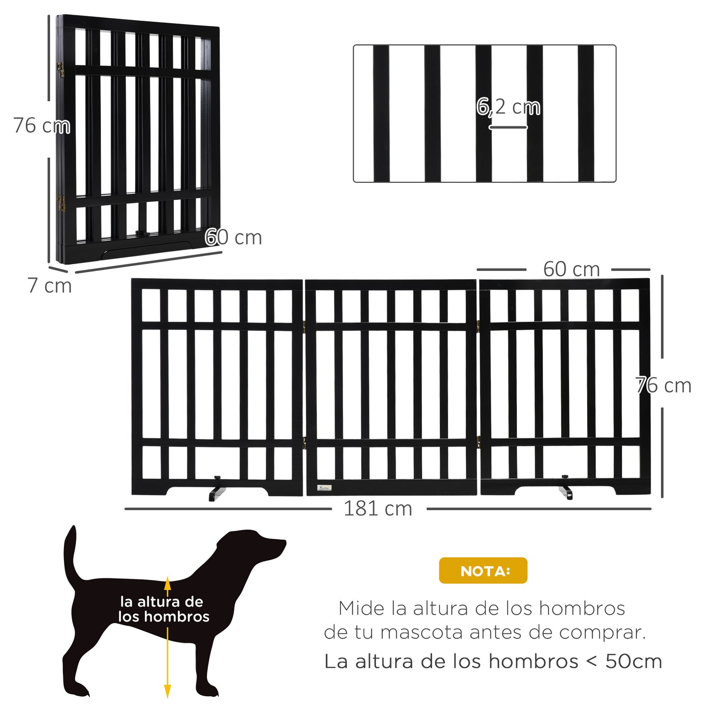 PawHut Barrera de Seguridad Plegable para Perros Valla de Madera para Mascotas de 3 Paneles con Soporte de Pie para Escaleras y Puertas 181x35x76 cm Negro