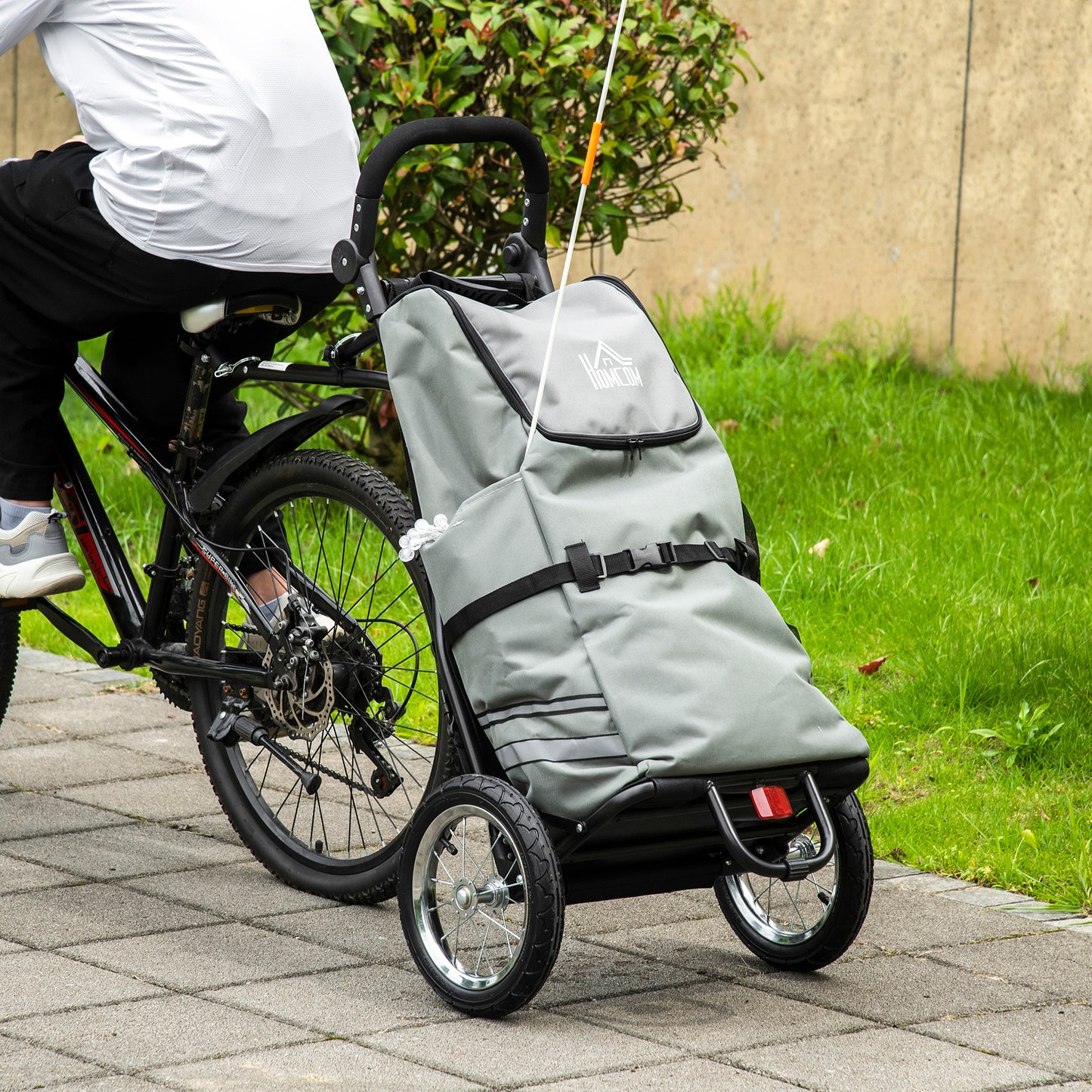 HOMCOM 2 en 1 Remolque de Bicicleta para Carga 22 kg Carro de la Compra Plegable con Bandera Mango de Empuje Desmontable 2 Bolsillos Laterales 2 Ruedas Marco de Acero y Reflectores 53x43x110 cm Gris