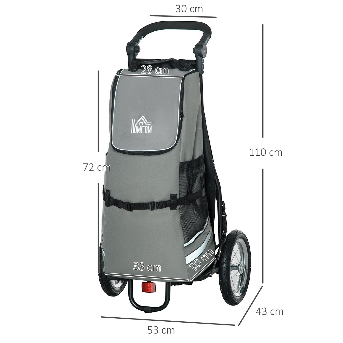 HOMCOM 2 en 1 Remolque de Bicicleta para Carga 22 kg Carro de la Compra Plegable con Bandera Mango de Empuje Desmontable 2 Bolsillos Laterales 2 Ruedas Marco de Acero y Reflectores 53x43x110 cm Gris