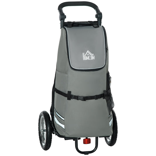 HOMCOM 2 en 1 Remolque de Bicicleta para Carga 22 kg Carro de la Compra Plegable con Bandera Mango de Empuje Desmontable 2 Bolsillos Laterales 2 Ruedas Marco de Acero y Reflectores 53x43x110 cm Gris