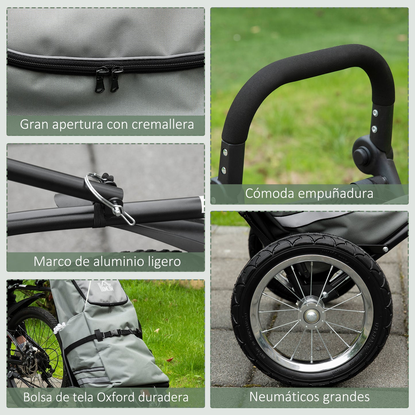 HOMCOM 2 en 1 Remolque de Bicicleta para Carga 22 kg Carro de la Compra Plegable con Bandera Mango de Empuje Desmontable 2 Bolsillos Laterales 2 Ruedas Marco de Acero y Reflectores 53x43x110 cm Gris