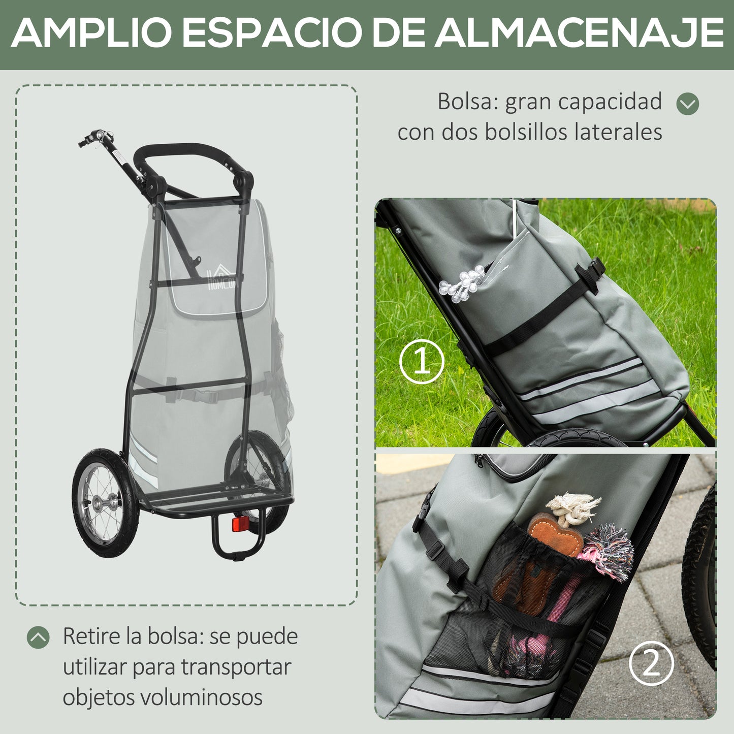 HOMCOM 2 en 1 Remolque de Bicicleta para Carga 22 kg Carro de la Compra Plegable con Bandera Mango de Empuje Desmontable 2 Bolsillos Laterales 2 Ruedas Marco de Acero y Reflectores 53x43x110 cm Gris