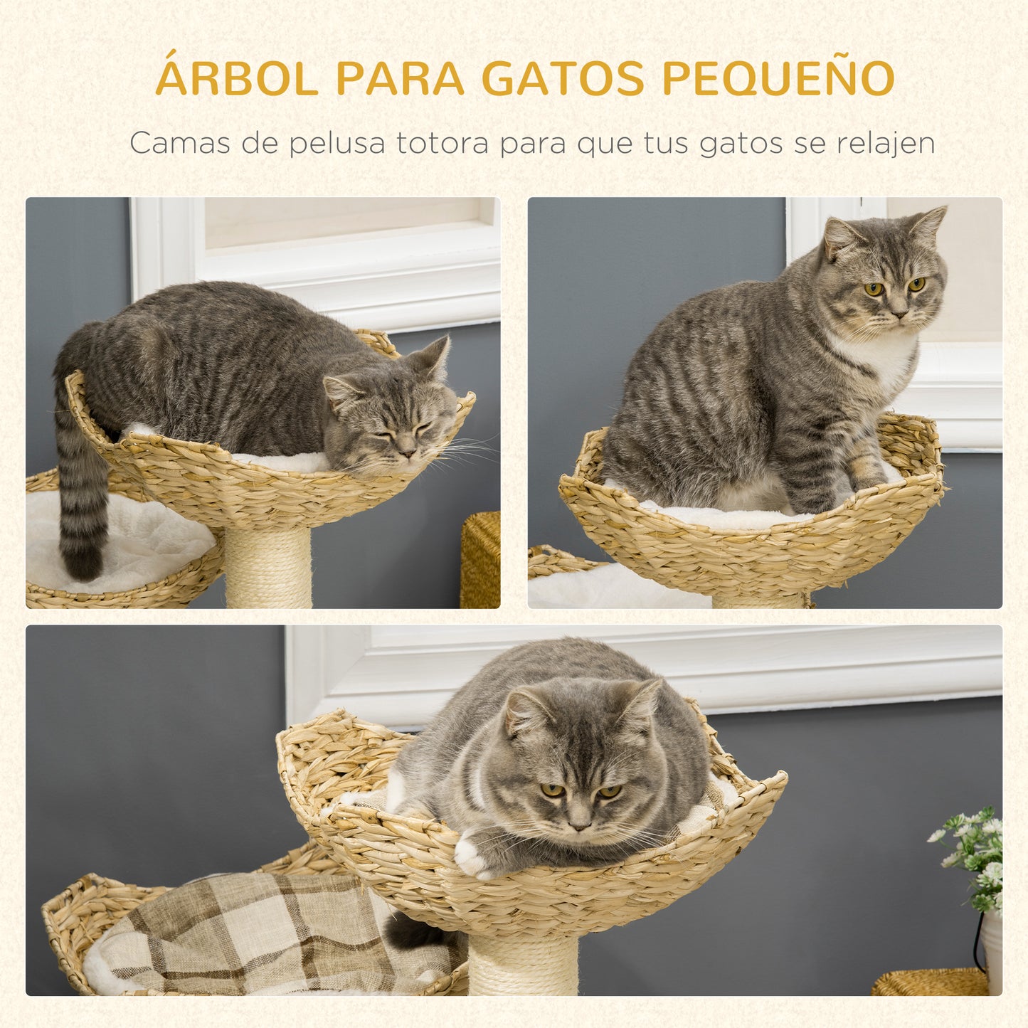 PawHut Árbol Rascador para Gatos Altura 75 cm Torre para Gatos con 3 Camas de Totora Cojines y Postes de Sisal 56x56x75 cm Natural