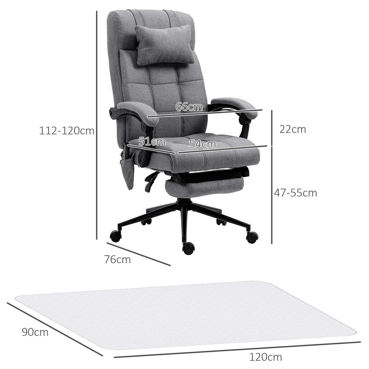 Vinsetto Conjunto de Oficina Incluye 1 Silla de Masaje Reclinable con 6 Puntos de Masaje y Función de Calefacción 66x76x112-120 cm y 1 Alfombra Protectora de Suelo 90x120 cm Gris y Transparente