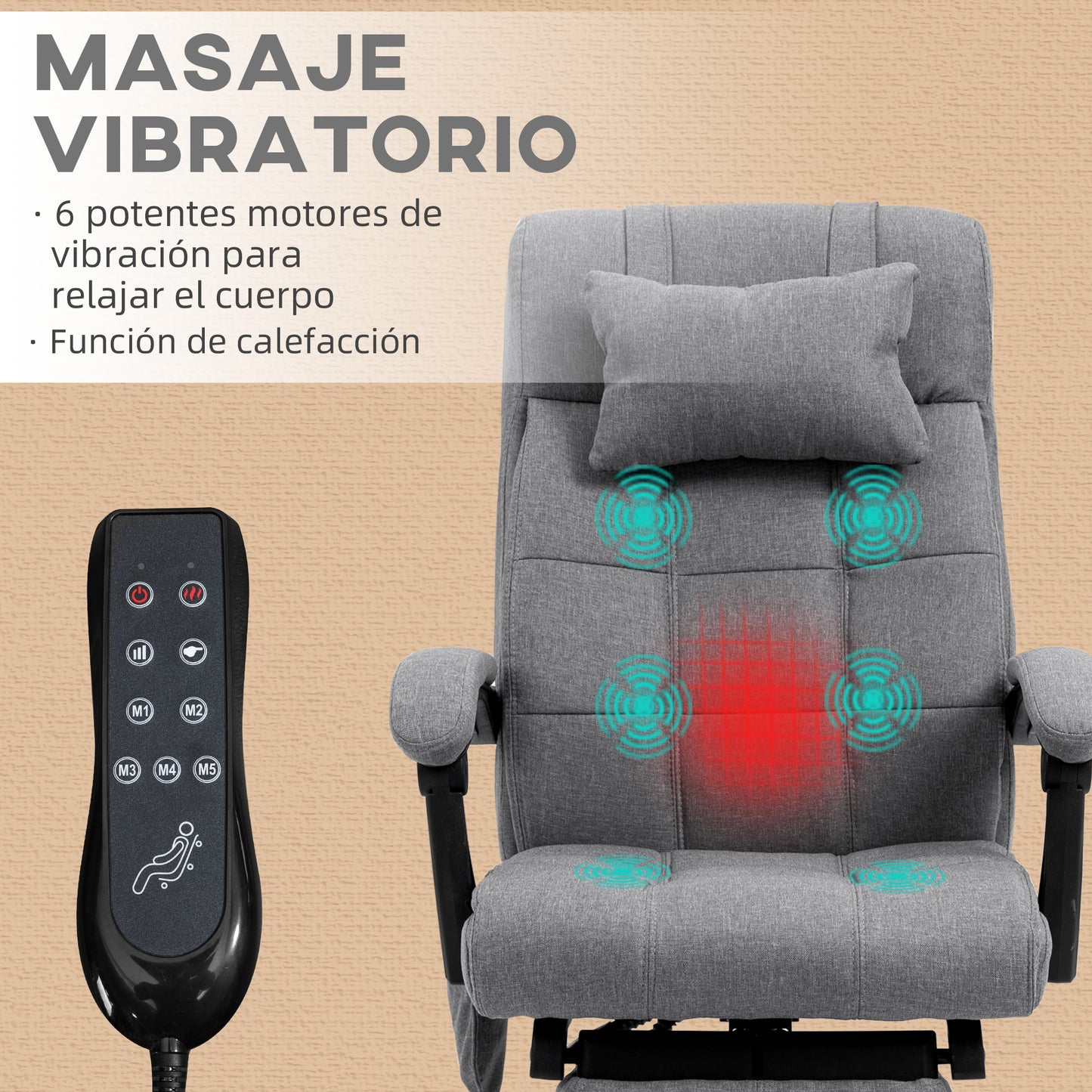 Vinsetto Conjunto de Oficina Incluye 1 Silla de Masaje Reclinable con 6 Puntos de Masaje y Función de Calefacción 66x76x112-120 cm y 1 Alfombra Protectora de Suelo 90x120 cm Gris y Transparente