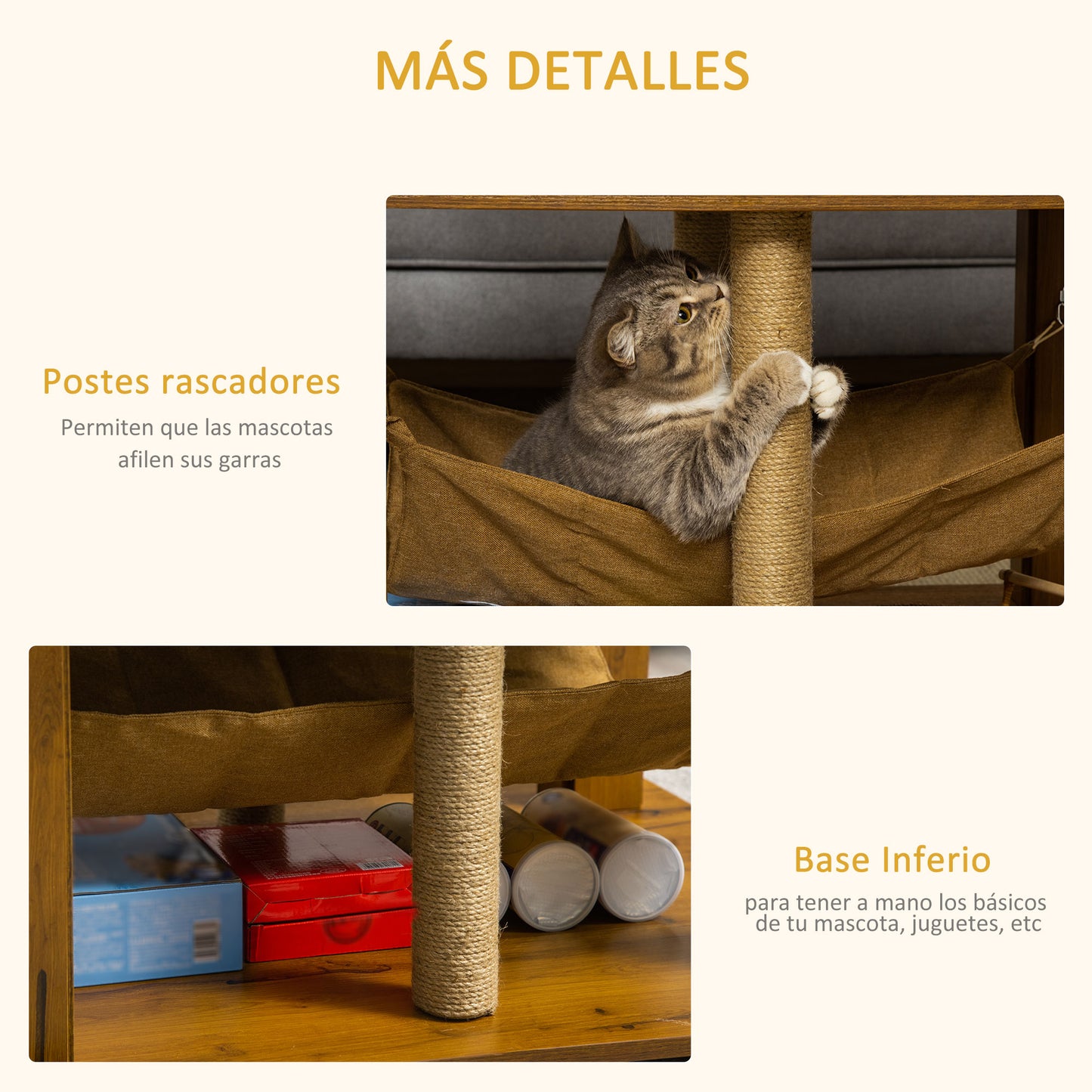 PawHut Mesa de Centro Hamaca para Gatos con 2 Postes Rascadores de Yute y Estante Inferior de Almacenaje 79x59x45,5 cm Marrón