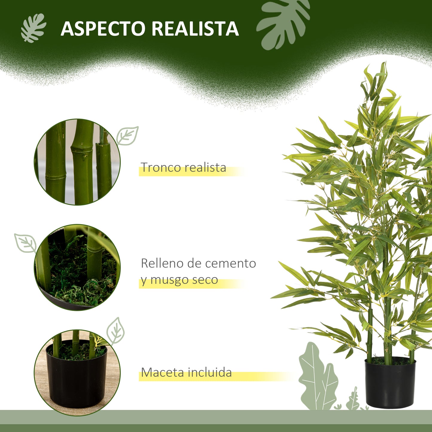 HOMCOM Juego de 2 Plantas Artificiales 90 cm Bambú Artificial con Maceta Plantas Sintéticas para Decoración Hogar Salón Oficina Verde