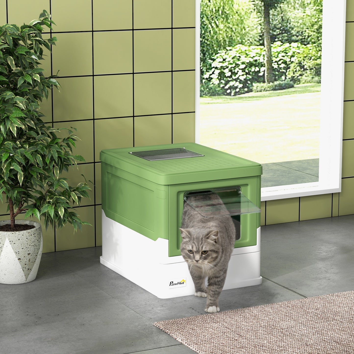 PawHut Caja de Arena Plegable para Gatos Arenero Cerrado para Gatos con Cubierta Desmontable Bandeja Extraíble Techo Abatible Puerta de Entrada y Pala 47,5x35,5x36,7 cm Verde Aguacate y Blanco