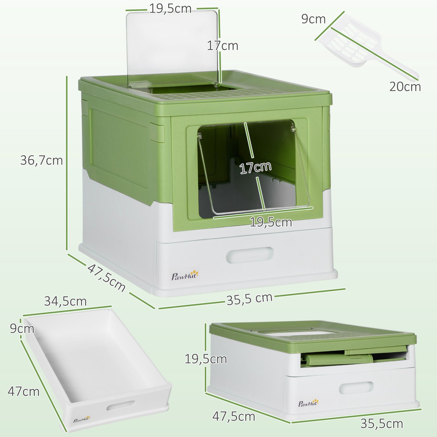 PawHut Caja de Arena Plegable para Gatos Arenero Cerrado para Gatos con Cubierta Desmontable Bandeja Extraíble Techo Abatible Puerta de Entrada y Pala 47,5x35,5x36,7 cm Verde Aguacate y Blanco