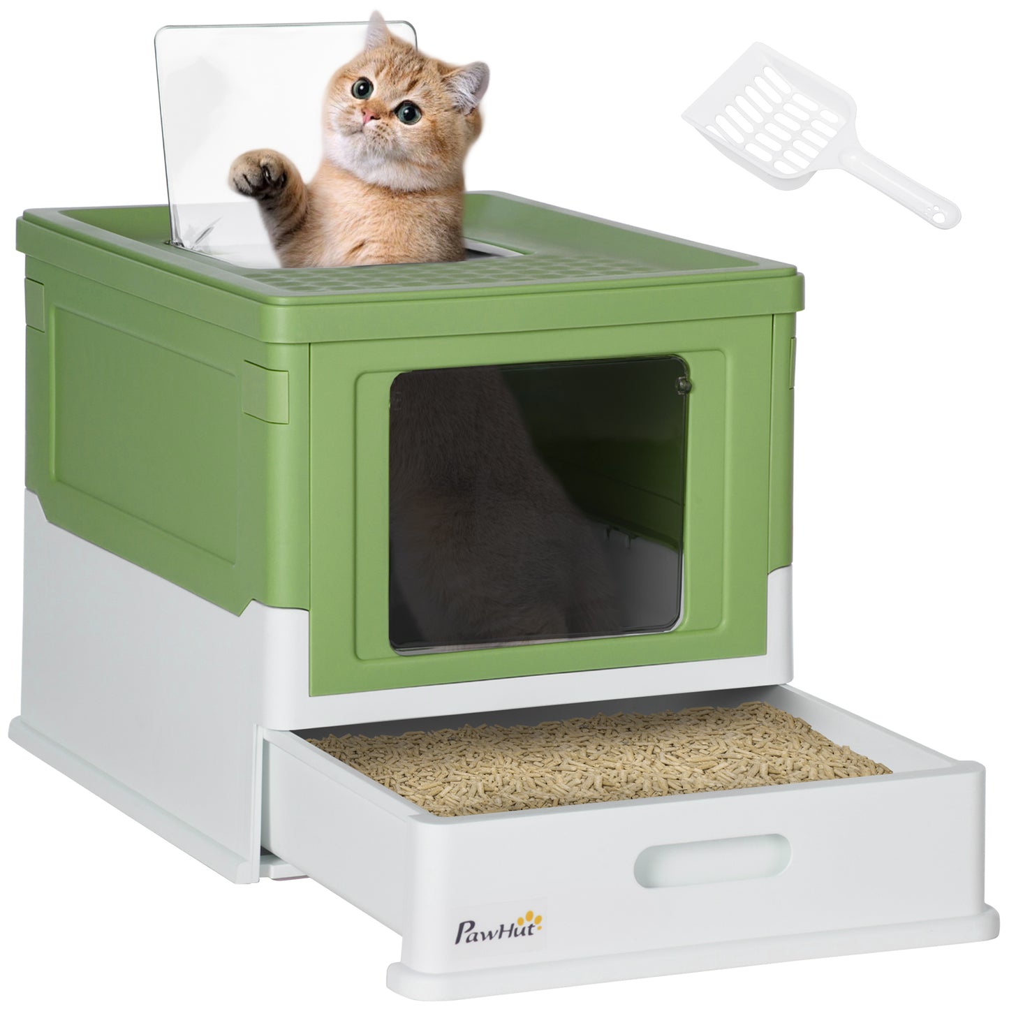 PawHut Caja de Arena Plegable para Gatos Arenero Cerrado para Gatos con Cubierta Desmontable Bandeja Extraíble Techo Abatible Puerta de Entrada y Pala 47,5x35,5x36,7 cm Verde Aguacate y Blanco