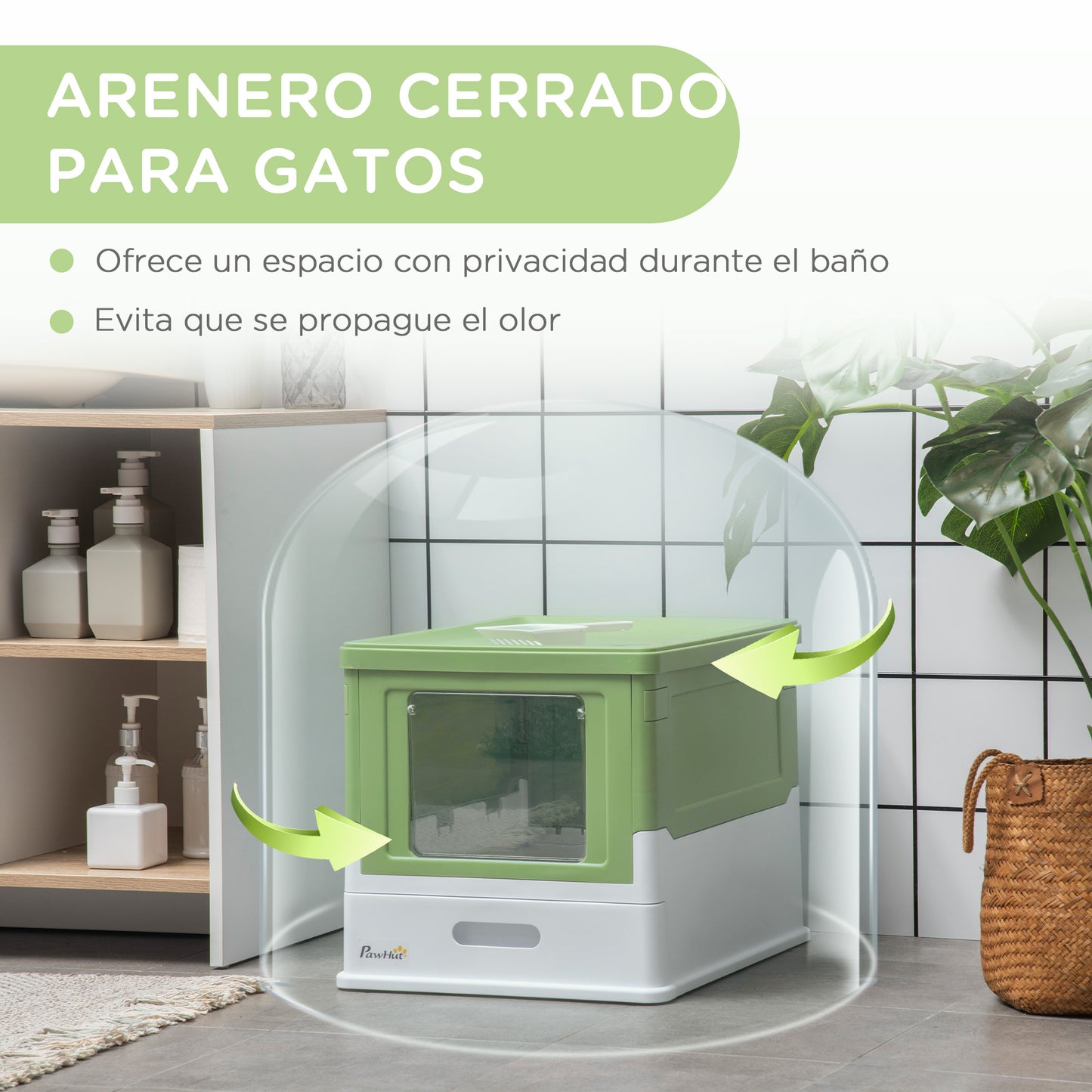 PawHut Caja de Arena Plegable para Gatos Arenero Cerrado para Gatos con Cubierta Desmontable Bandeja Extraíble Techo Abatible Puerta de Entrada y Pala 47,5x35,5x36,7 cm Verde Aguacate y Blanco