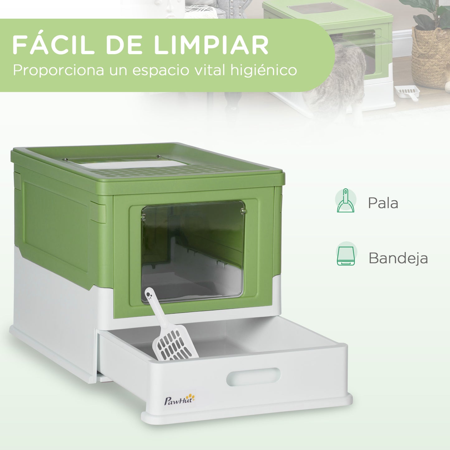 PawHut Caja de Arena Plegable para Gatos Arenero Cerrado para Gatos con Cubierta Desmontable Bandeja Extraíble Techo Abatible Puerta de Entrada y Pala 47,5x35,5x36,7 cm Verde Aguacate y Blanco