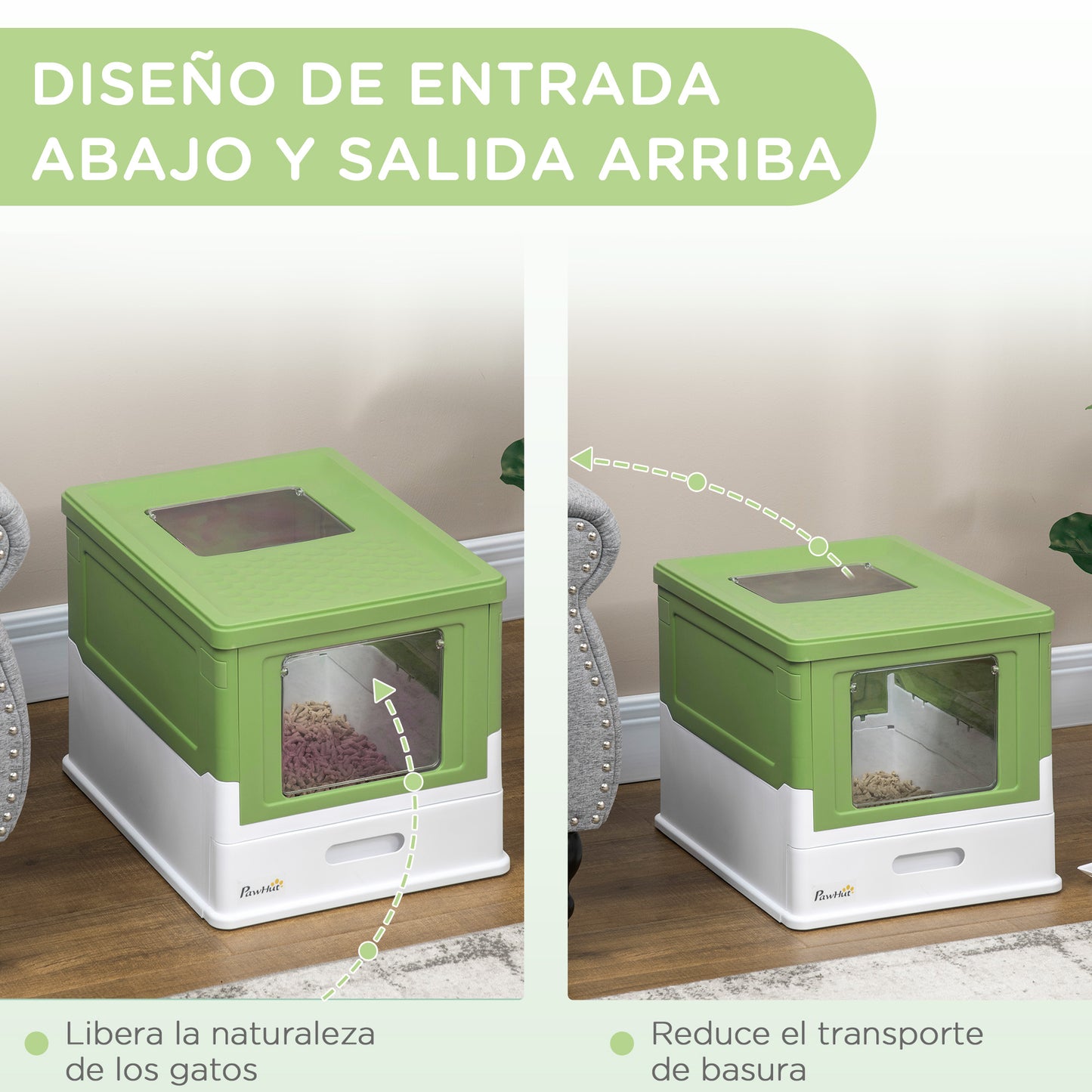 PawHut Caja de Arena Plegable para Gatos Arenero Cerrado para Gatos con Cubierta Desmontable Bandeja Extraíble Techo Abatible Puerta de Entrada y Pala 47,5x35,5x36,7 cm Verde Aguacate y Blanco