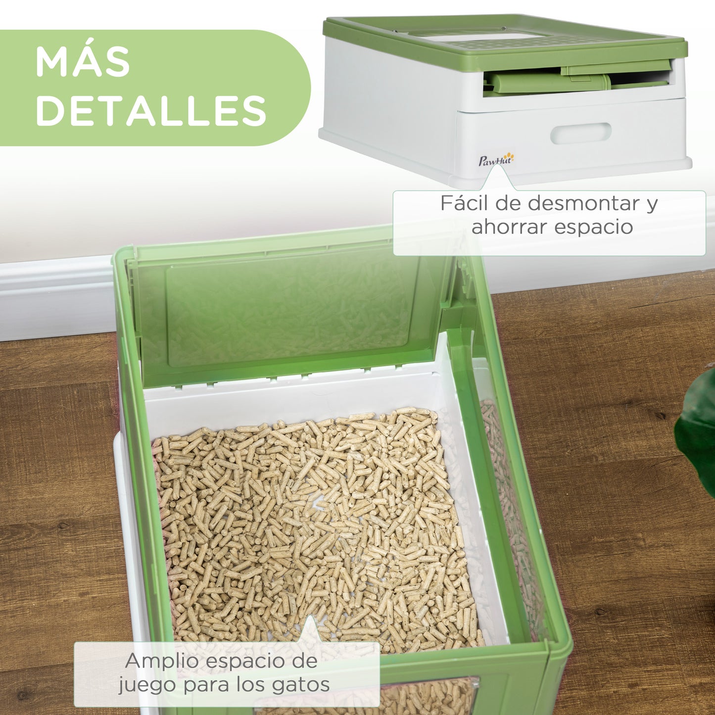 PawHut Caja de Arena Plegable para Gatos Arenero Cerrado para Gatos con Cubierta Desmontable Bandeja Extraíble Techo Abatible Puerta de Entrada y Pala 47,5x35,5x36,7 cm Verde Aguacate y Blanco