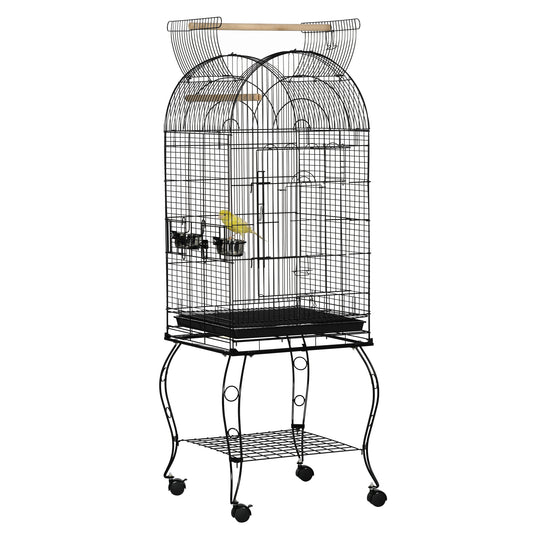 PawHut Jaula para Pájaros con Soporte y Ruedas Jaula Grande de Acero con Bandeja Extraíble 4 Puertas y 2 Comederos para Loros Guacamayos 51x51x153 cm Negro