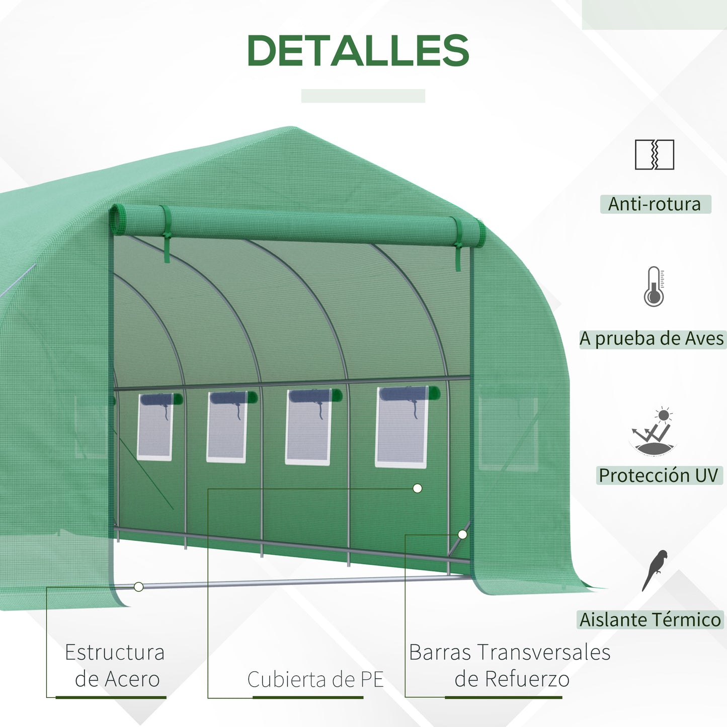 Outsunny Invernadero de Exterior Invernadero de Túnel 8x3x2 m Invernadero de Jardín con 12 Ventanas y Puerta Enrollable para Cultivo Plantas Tomates Verduras Acero y PE 140 g/m² Verde