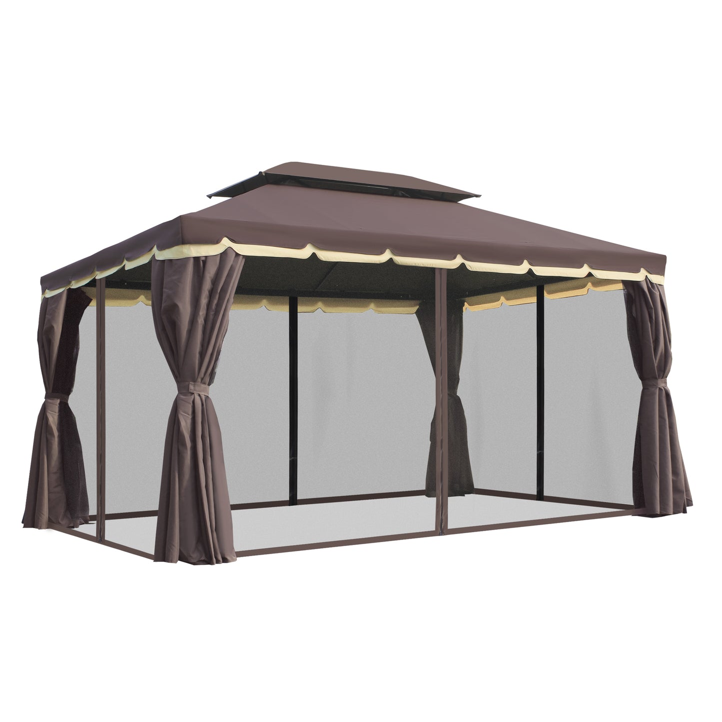 Outsunny Cenador de Jardín 4x3 m Gazebo de Aluminio con Techo de Ventilación 4 Cortinas Laterales 4 Mosquiteras y 8 Orificios de Drenaje para Fiestas Eventos Exterior Café