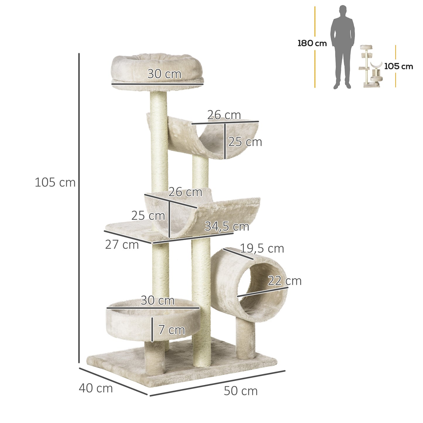 PawHut Árbol para Gatos 50x40x105 cm Árbol Rascador Grande Centro de Actividad Plataformas Tubo de Juego Sisal Natural