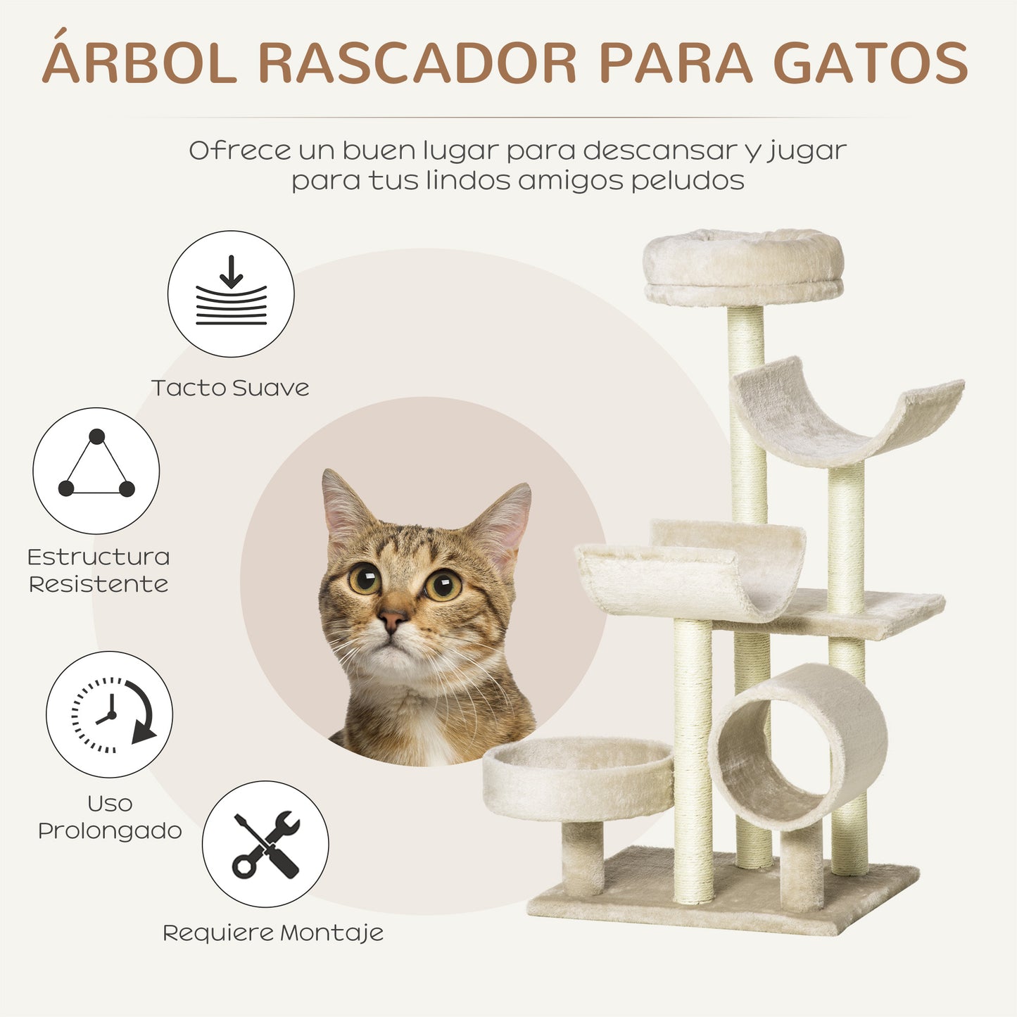 PawHut Árbol para Gatos 50x40x105 cm Árbol Rascador Grande Centro de Actividad Plataformas Tubo de Juego Sisal Natural