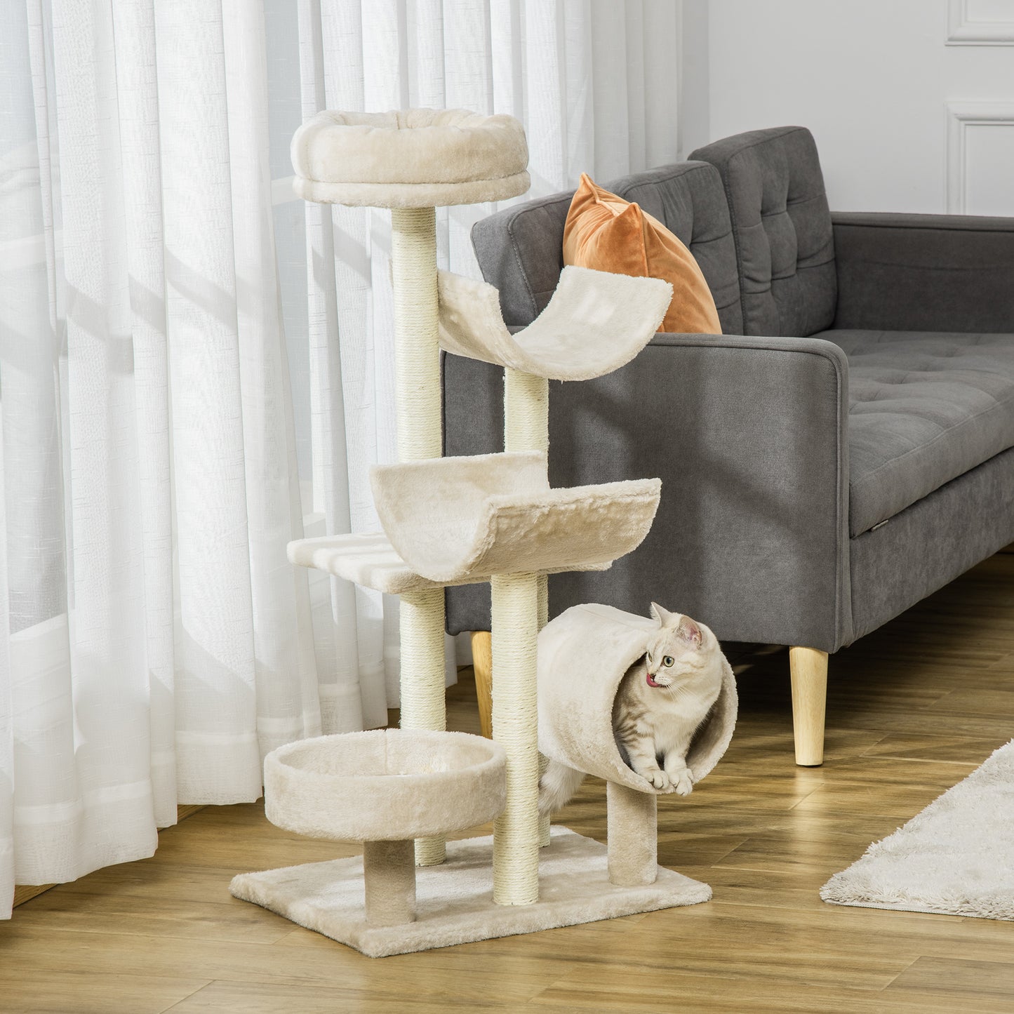 PawHut Árbol para Gatos 50x40x105 cm Árbol Rascador Grande Centro de Actividad Plataformas Tubo de Juego Sisal Natural