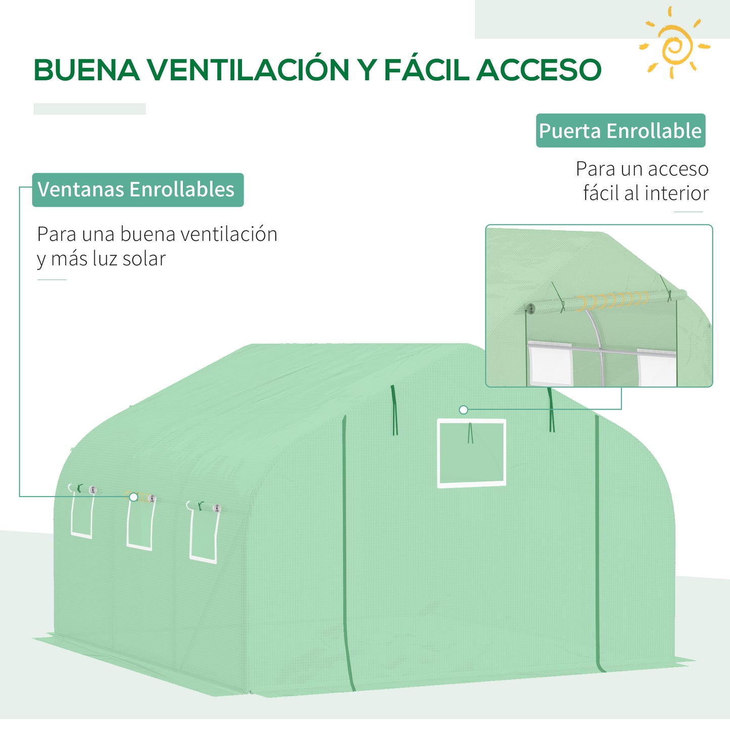 Outsunny Cubierta de Repuesto Invernadero de Túnel 347x300x200 cm Polietileno con 7 Ventanas de Malla Transpirable y Puerta Enrollable Protección de Plantas para Jardín Verde