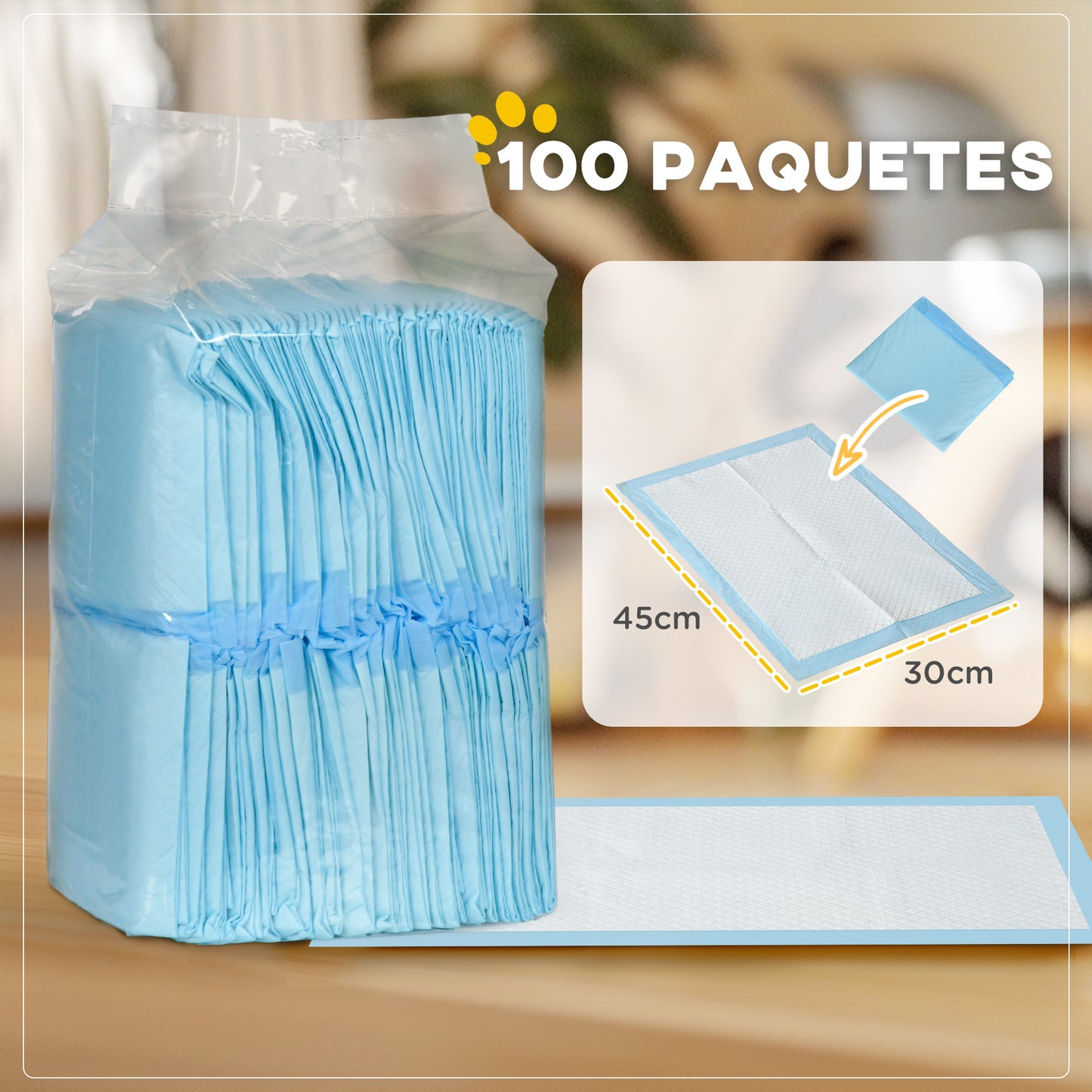 PawHut Empapadores para Perros 100 Unidad 45x30 cm Resguardos para Perros Diseño de 6 Capas con Superficie de Secado Rápido a Prueba de Fugas Azul