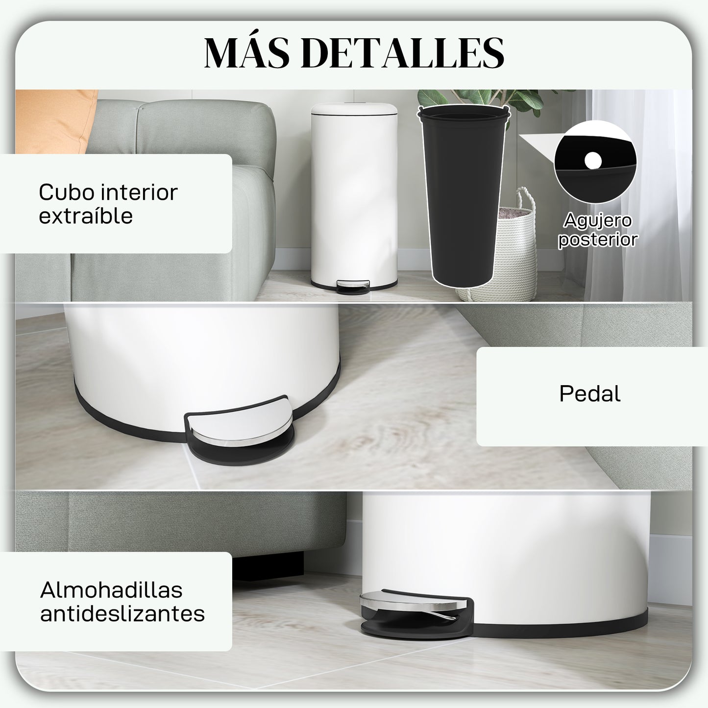 HOMCOM Cubo de Basura para Cocina 30L Papelera de Cocina con Pedal Tapa de Cierre Suave y Cubo Extraíble para Dormitorio Oficina Estudio Salón Crema