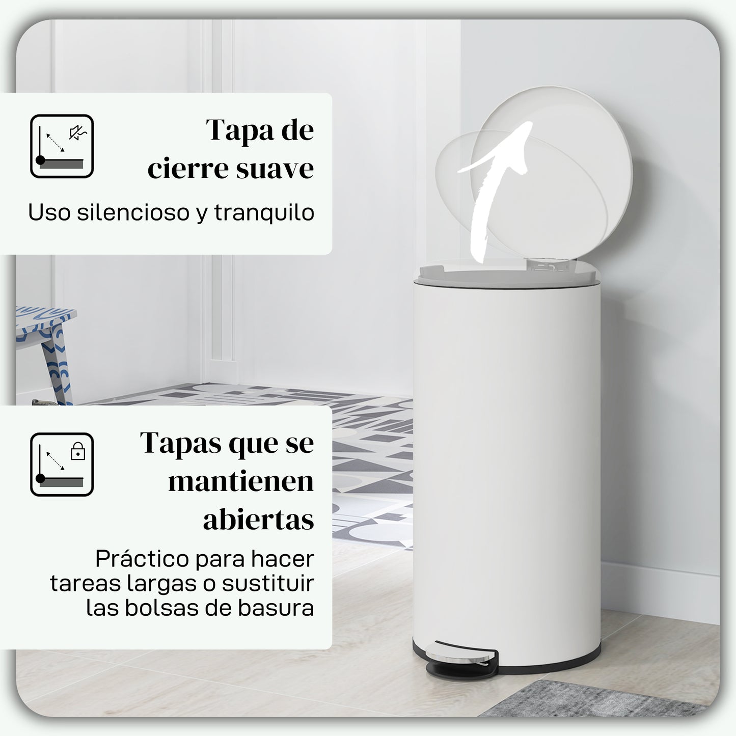 HOMCOM Cubo de Basura para Cocina 30L Papelera de Cocina con Pedal Tapa de Cierre Suave y Cubo Extraíble para Dormitorio Oficina Estudio Salón Crema