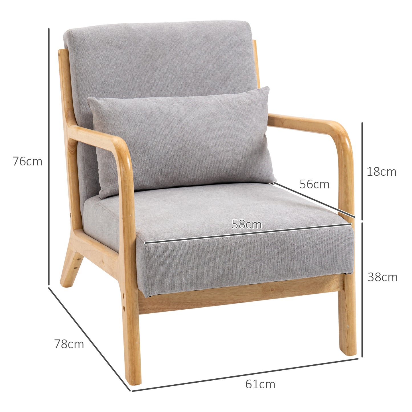 HOMCOM Butaca de Salón Butaca Nórdica Sillón de Salón con Reposabrazos Cojín y Marco de Madera de Caucho para Dormitorio Carga 120 kg 61x78x76 cm Gris