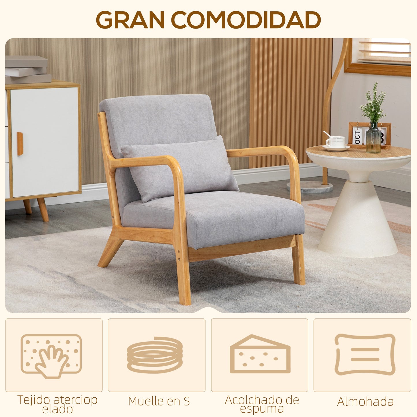 HOMCOM Butaca de Salón Butaca Nórdica Sillón de Salón con Reposabrazos Cojín y Marco de Madera de Caucho para Dormitorio Carga 120 kg 61x78x76 cm Gris