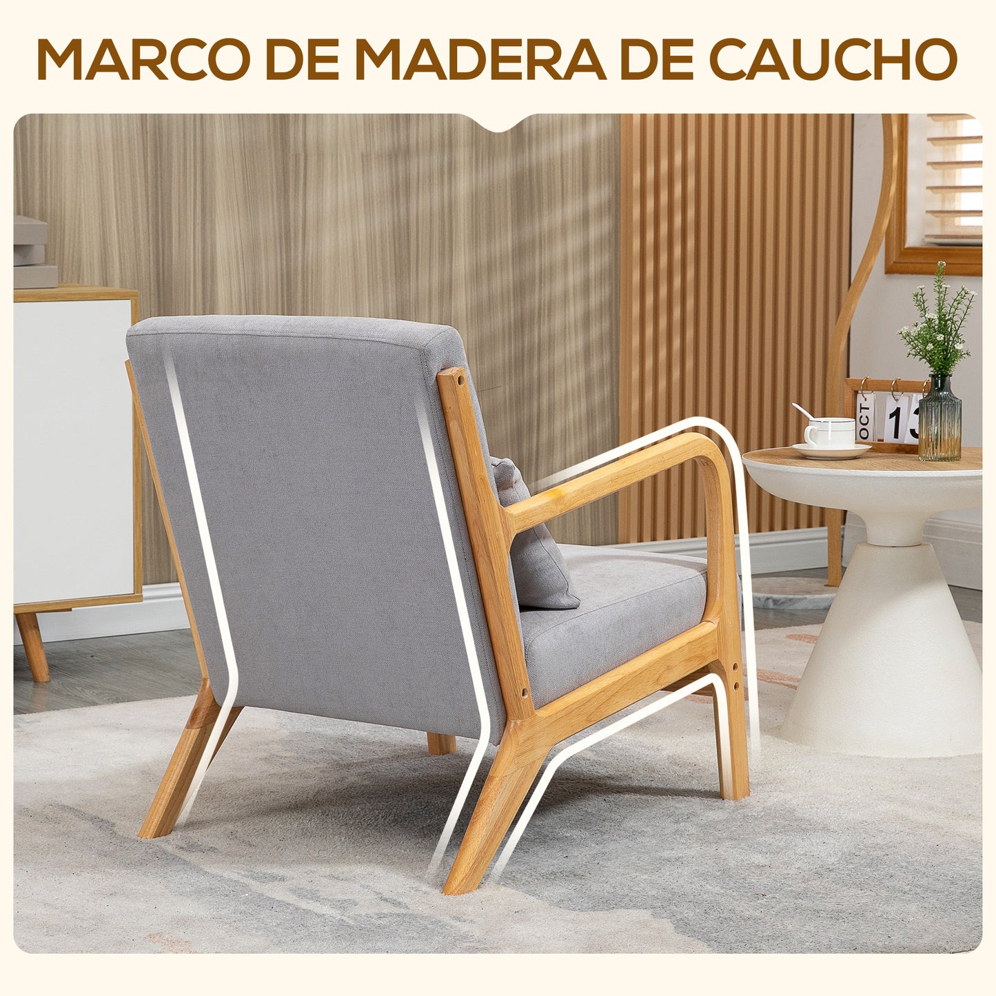 HOMCOM Butaca de Salón Butaca Nórdica Sillón de Salón con Reposabrazos Cojín y Marco de Madera de Caucho para Dormitorio Carga 120 kg 61x78x76 cm Gris