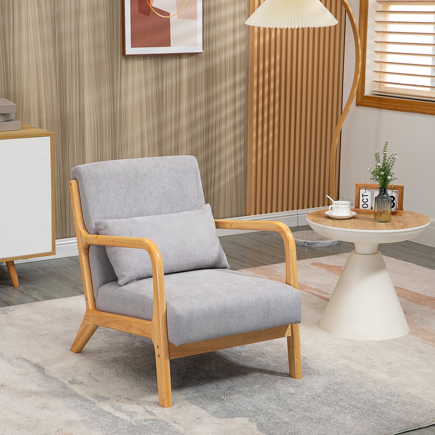 HOMCOM Butaca de Salón Butaca Nórdica Sillón de Salón con Reposabrazos Cojín y Marco de Madera de Caucho para Dormitorio Carga 120 kg 61x78x76 cm Gris