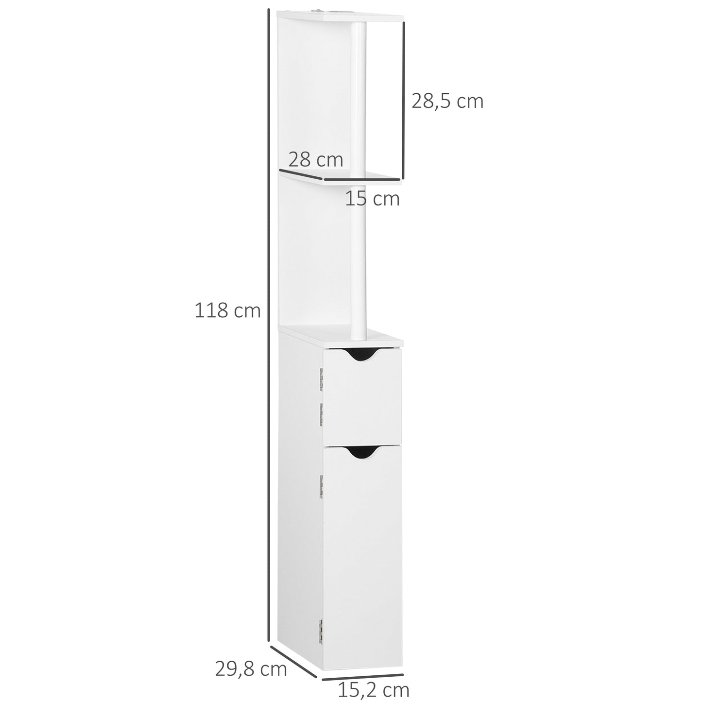 kleankin Columna de Baño Mueble de Baño con Puertas y Estantes Abiertos Armario de Baño Estilo Moderno 15,2x29,8x118 cm Blanco