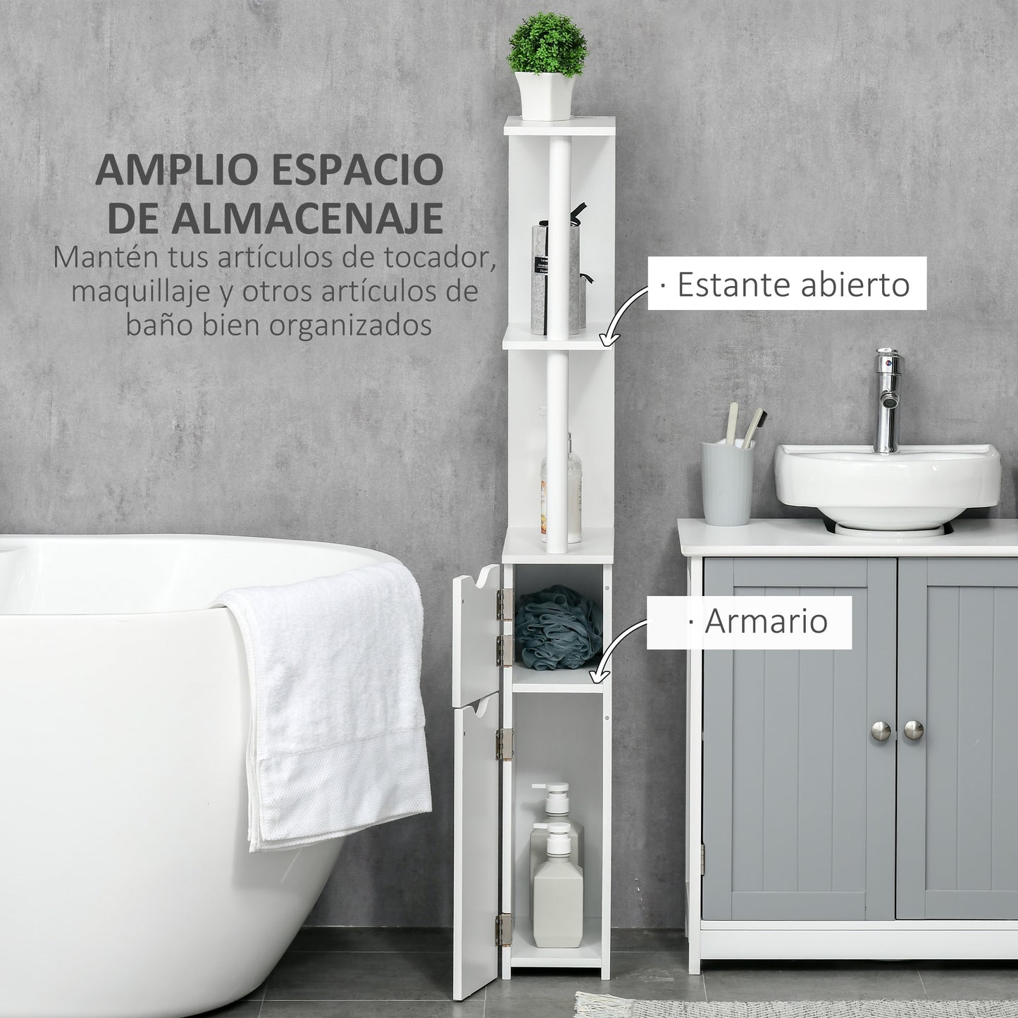 kleankin Columna de Baño Mueble de Baño con Puertas y Estantes Abiertos Armario de Baño Estilo Moderno 15,2x29,8x118 cm Blanco