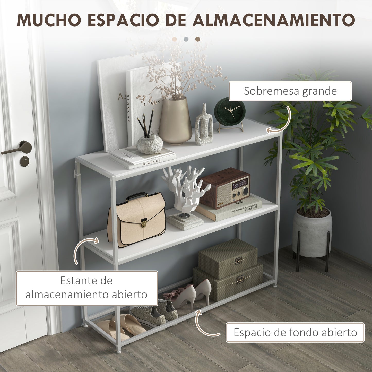 HOMCOM Mesa Consola Recibidor Mesa de Entrada con Estante Abierto y Estructura de Acero Antivuelco para Salón Pasillo 100x30x87 cm Blanco