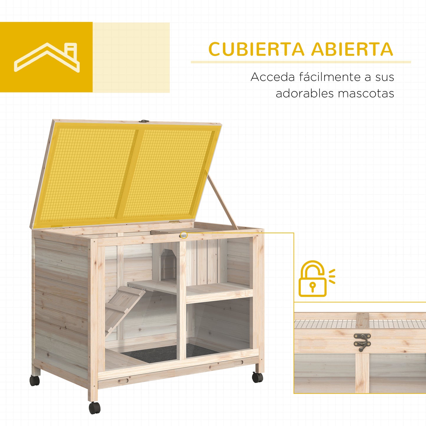 PawHut Conejera de Madera con Ruedas 91,5x53,3x73 cm Jaula para Conejos de 2 Niveles con Techo Abatible Bandeja Extraíble y Rampa Natural