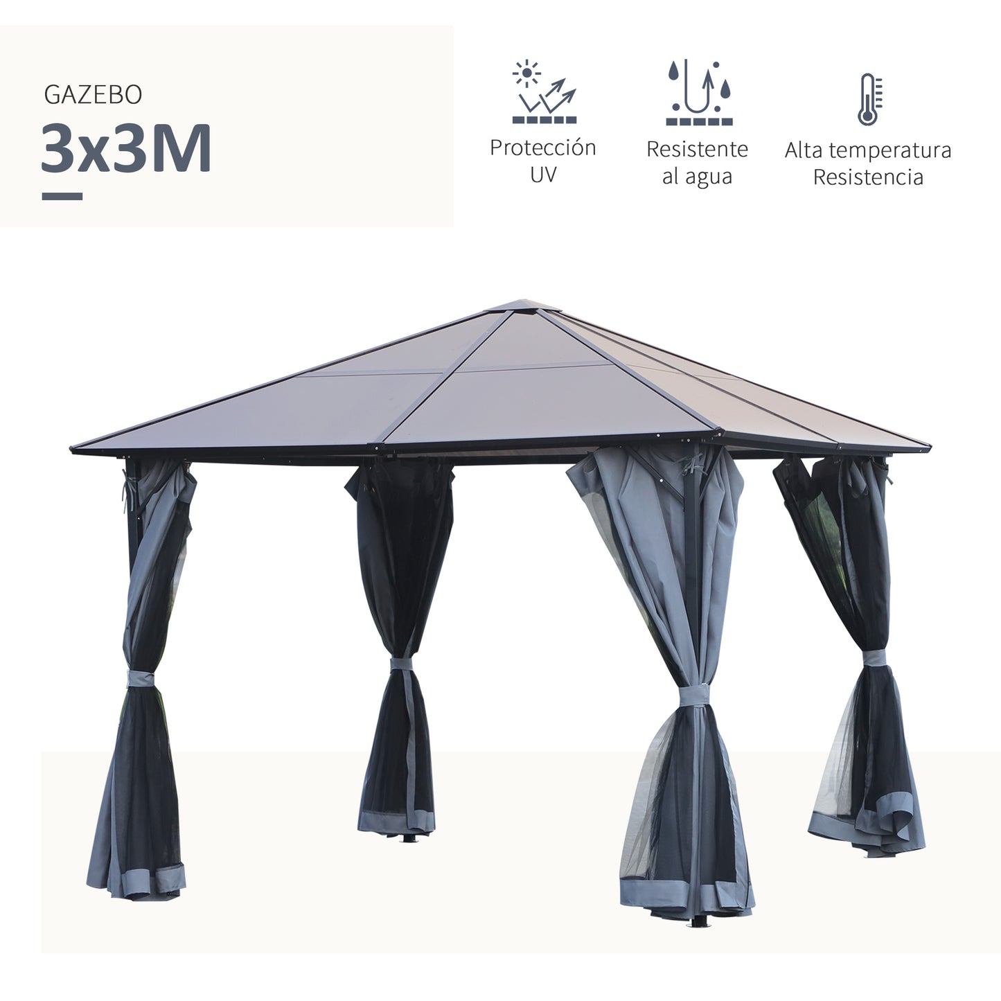 Outsunny Cenador de Jardín 3x3 m con Marco de Aluminio Pabellón de Exterior con Techo de Policarbonato 4 Cortinas Laterales y 4 Mosquiteras con Cremalleras Gazebo para Fiestas Eventos Multicolor