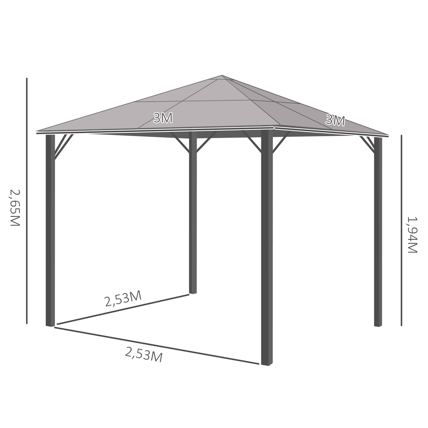 Outsunny Cenador de Jardín 3x3 m con Marco de Aluminio Pabellón de Exterior con Techo de Policarbonato 4 Cortinas Laterales y 4 Mosquiteras con Cremalleras Gazebo para Fiestas Eventos Multicolor