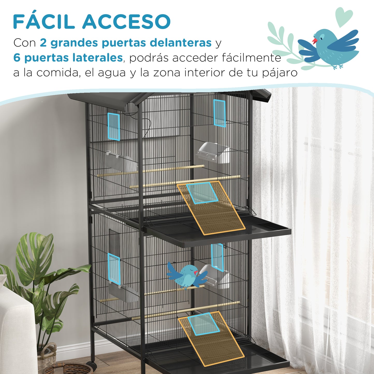 PawHut Jaula para Pájaros 2 en 1 Grande de 2 Pisos Convertible en Sola Pajarera con Ruedas 4 Comederos 4 Perchas y Bandejas Extraíbles para Canarios Loros 78x75x168 cm Negro