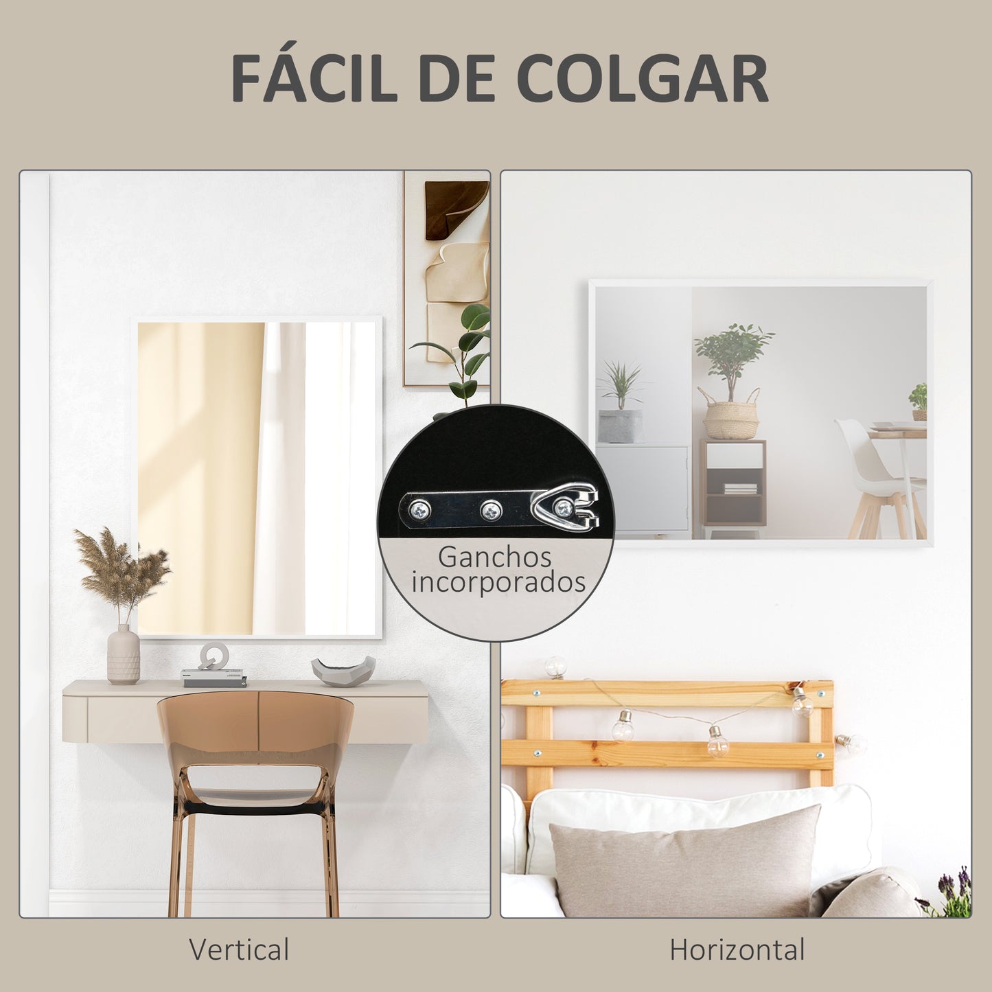 HOMCOM Espejo Rectangular Espejo de Baño 70x90 cm Espejo de Pared Decorativo para Salón Entrada Pasillo Horizontal o Vertical Blanco