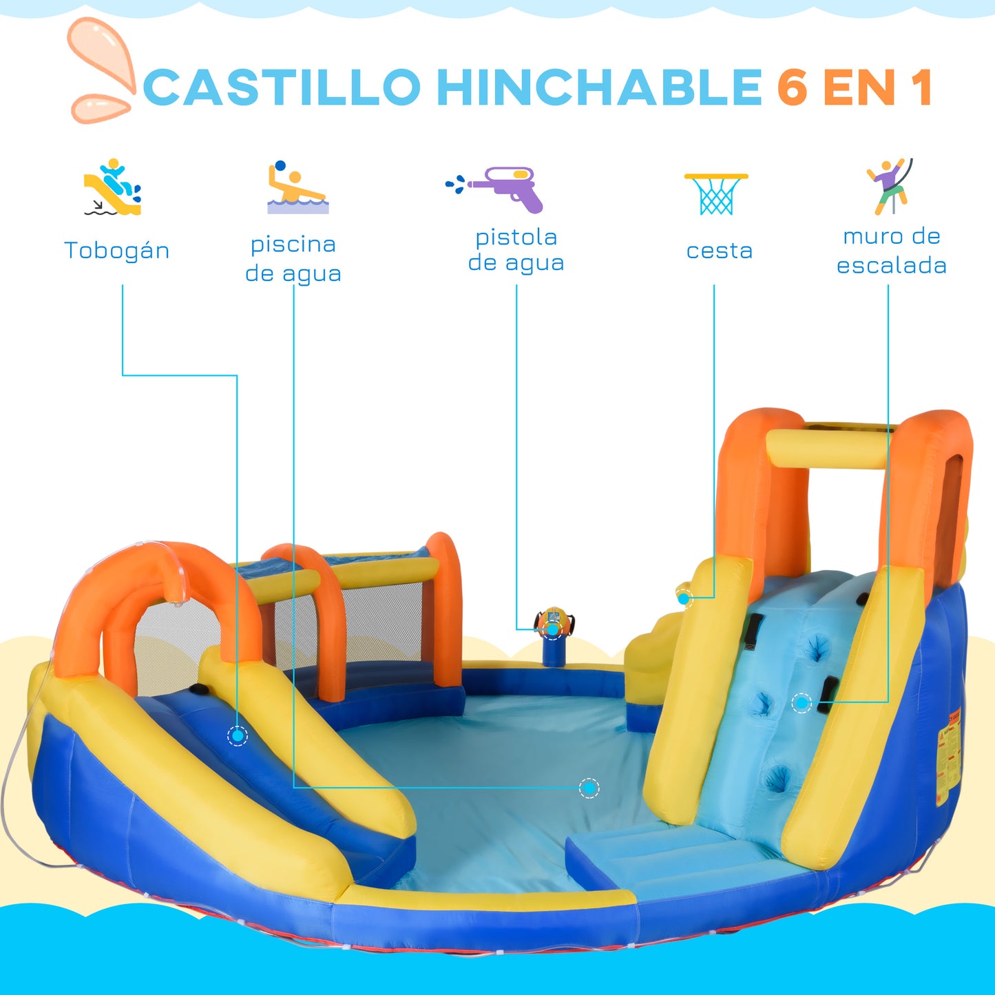 Outsunny Castillo Hinchable para Niños de 3-8 Años Castillo Inflable con Inflador Parque Acuático con Cesta de Baloncesto Piscina Tobogán y Bolsa de Transporte 435x435x200 cm Multicolor