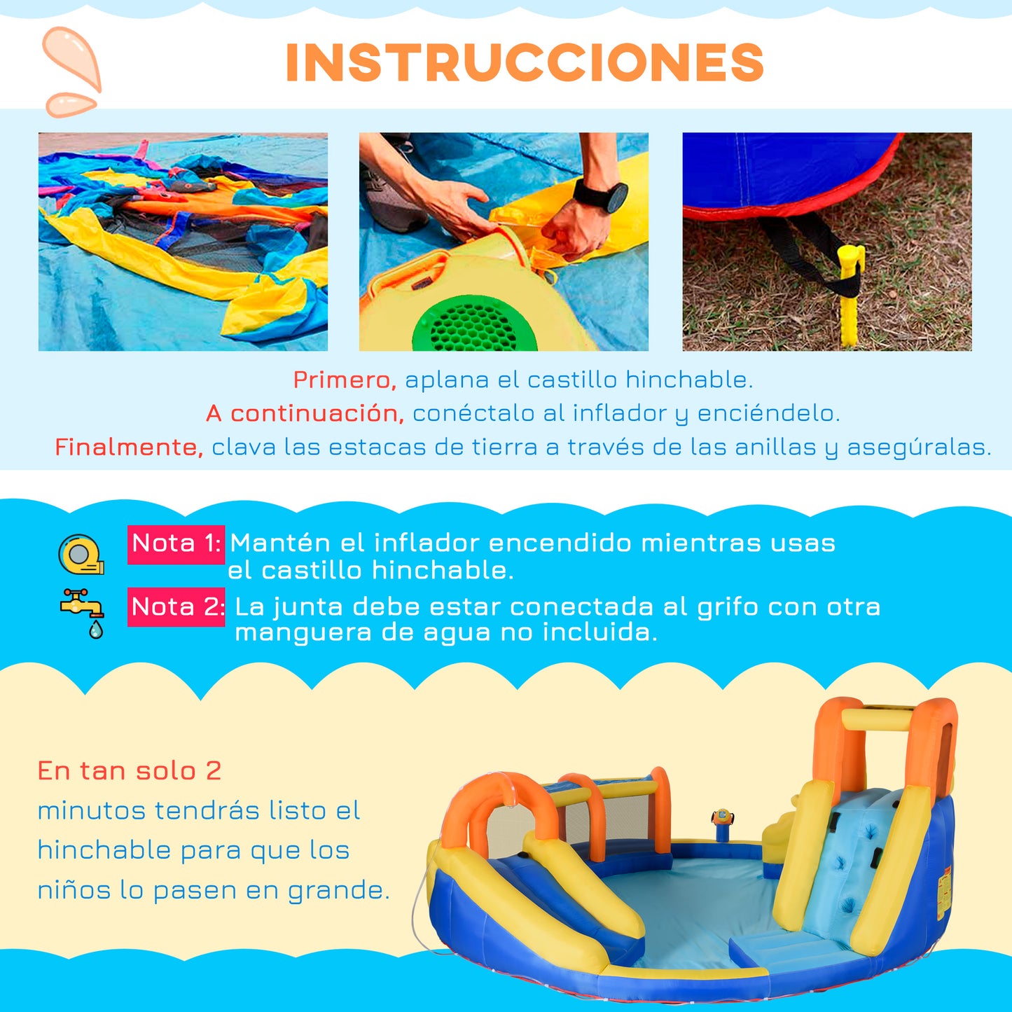 Outsunny Castillo Hinchable para Niños de 3-8 Años Castillo Inflable con Inflador Parque Acuático con Cesta de Baloncesto Piscina Tobogán y Bolsa de Transporte 435x435x200 cm Multicolor