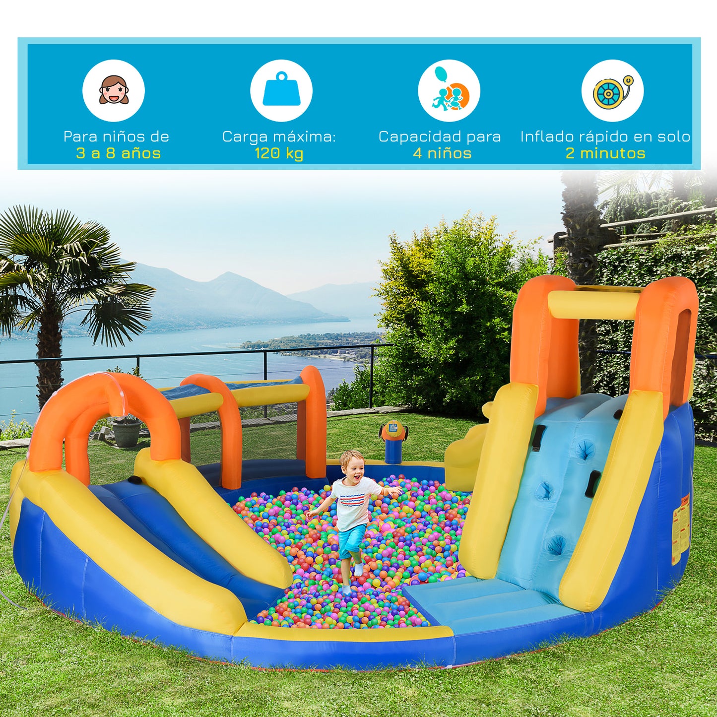 Outsunny Castillo Hinchable para Niños de 3-8 Años Castillo Inflable con Inflador Parque Acuático con Cesta de Baloncesto Piscina Tobogán y Bolsa de Transporte 435x435x200 cm Multicolor