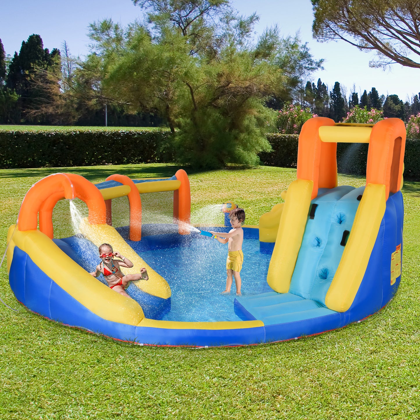 Outsunny Castillo Hinchable para Niños de 3-8 Años Castillo Inflable con Inflador Parque Acuático con Cesta de Baloncesto Piscina Tobogán y Bolsa de Transporte 435x435x200 cm Multicolor