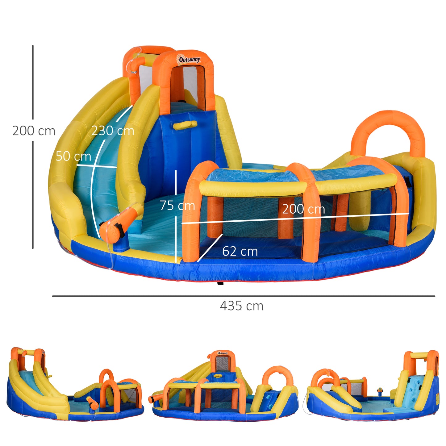 Outsunny Castillo Hinchable para Niños de 3-8 Años Castillo Inflable con Inflador Parque Acuático con Cesta de Baloncesto Piscina Tobogán y Bolsa de Transporte 435x435x200 cm Multicolor