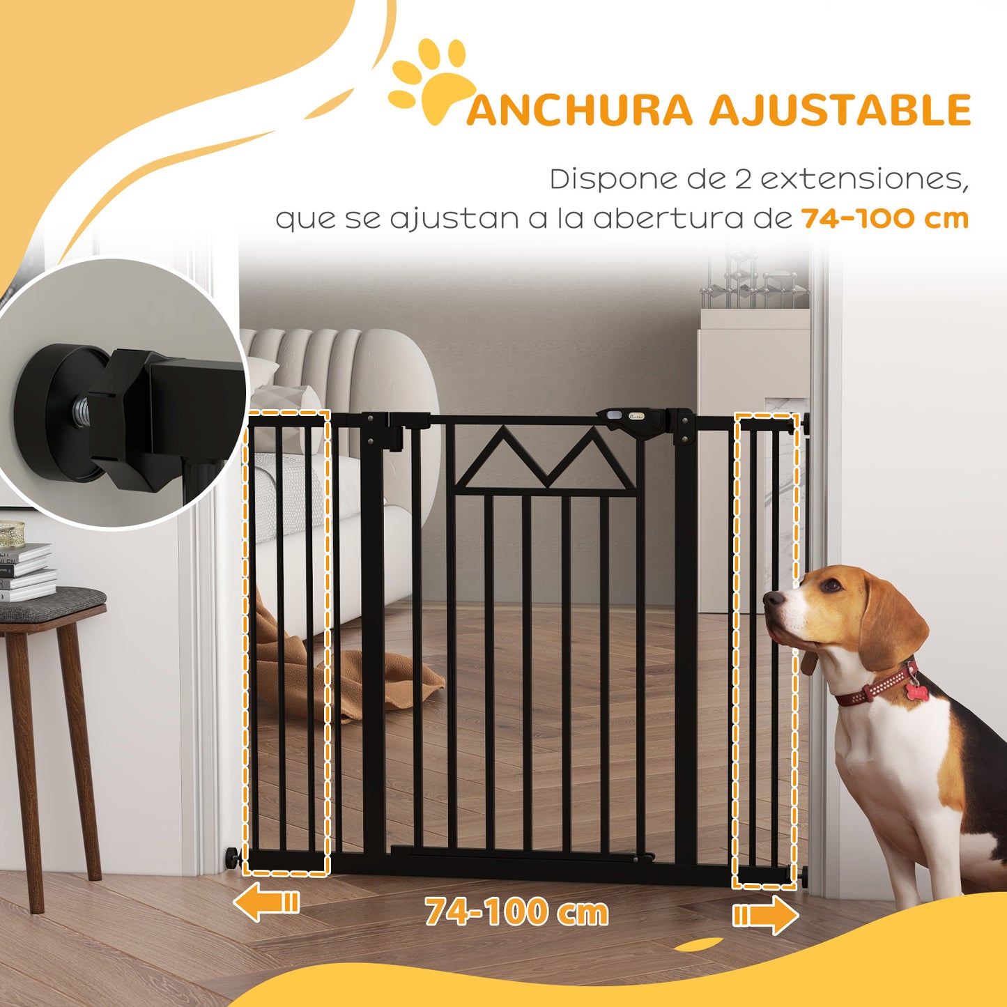 PawHut Barrera de Seguridad Extensible Barrera para Mascotas con Cierre Automático Sistema de Doble Bloqueo y 2 Extensiones para Puerta Pasillo Escalera 74-100x76 cm Negro