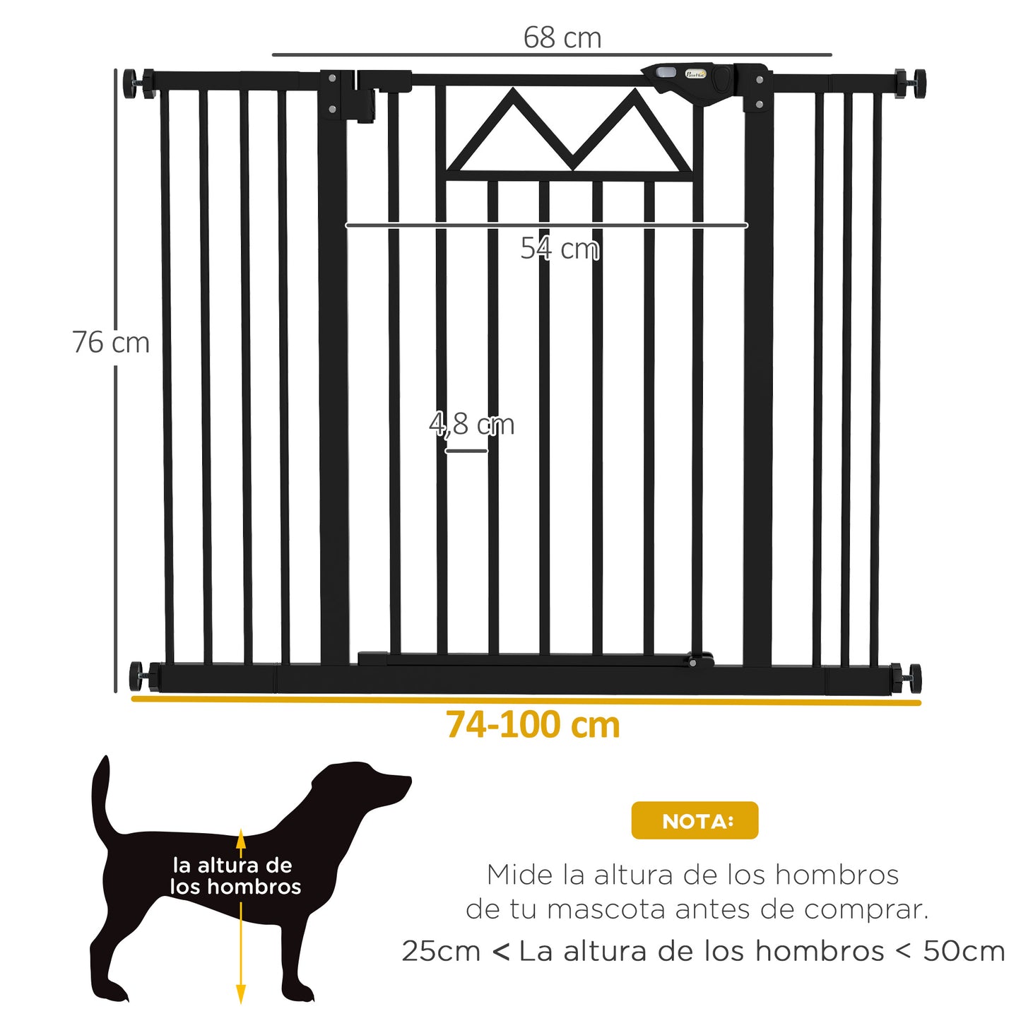 PawHut Barrera de Seguridad Extensible Barrera para Mascotas con Cierre Automático Sistema de Doble Bloqueo y 2 Extensiones para Puerta Pasillo Escalera 74-100x76 cm Negro