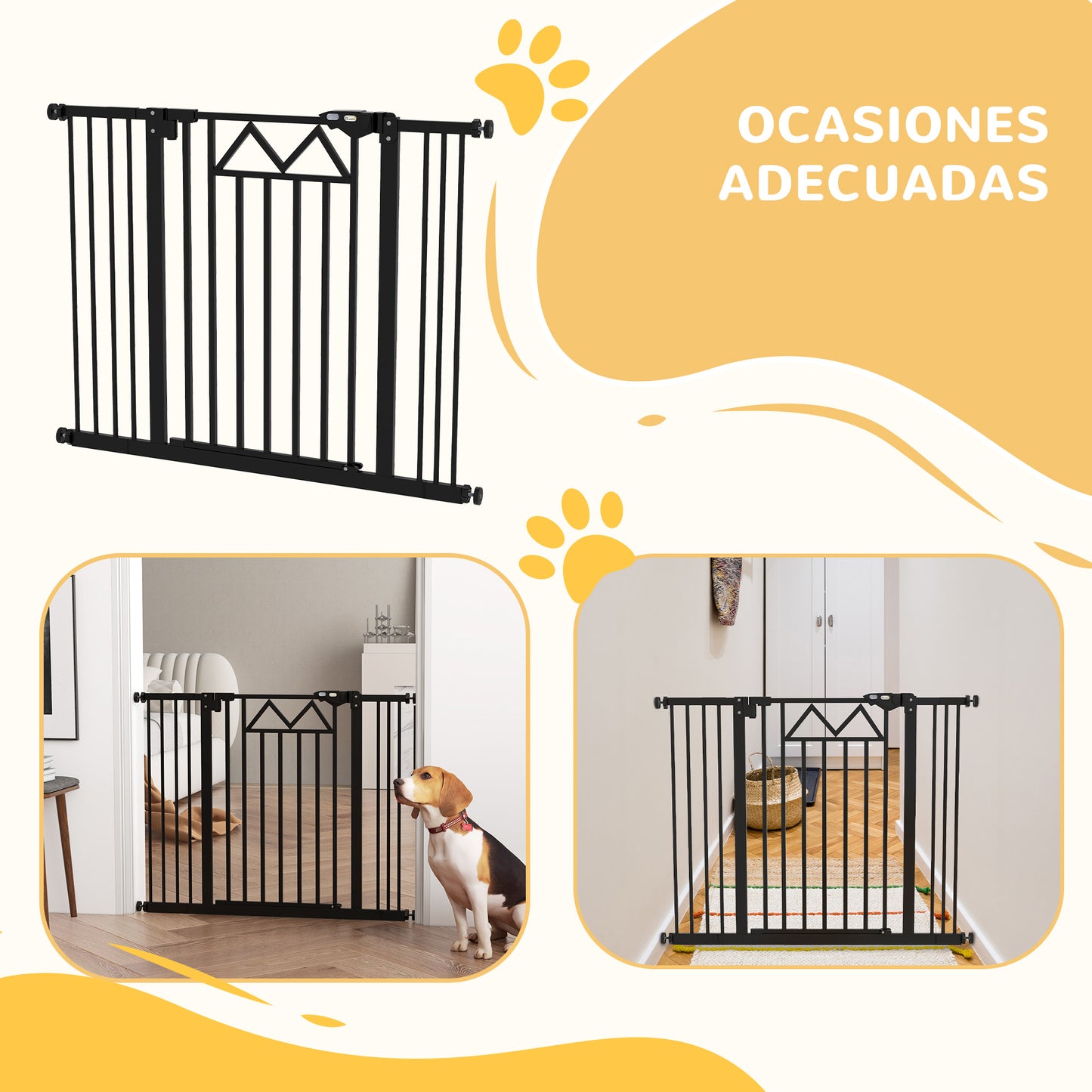 PawHut Barrera de Seguridad Extensible Barrera para Mascotas con Cierre Automático Sistema de Doble Bloqueo y 2 Extensiones para Puerta Pasillo Escalera 74-100x76 cm Negro